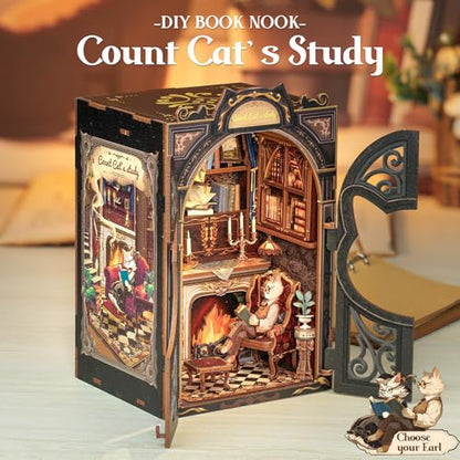 Book Nook Kit Count Cat's Study - 3D Wooden Puzzles with LED - color: Count Cat's Study