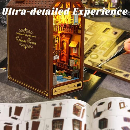 Flever Dollhouse DIY Book Nook Miniature Kit, Chinese Style Bookshelf Insert Decor, 3D Wooden Puzzle Booknook Miniature Kit for Creative Assembled Bookends (Leisure Years)