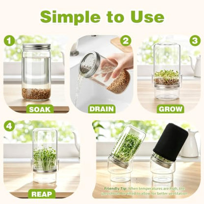 Sprouting Jar Kit, 2 Wide Mouth Sprouting Jar with Stainless Steel Screen Sprout Lids, Blackout Sleeves, Drain Cover, Sprouts Growing Kit for Broccoli, Mung Beans, Alfalfa & Microgreens