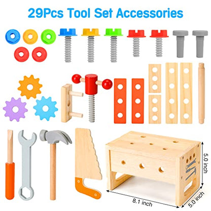 Wooden Tool Set for Kids 3 4 5 Year Old, 29Pcs Educational STEM Toys Toddler Montessori Toys for 3 Year Old Construction Preschool Learning Activities Gifts for Boys Girls Age 3-4 - size: Small