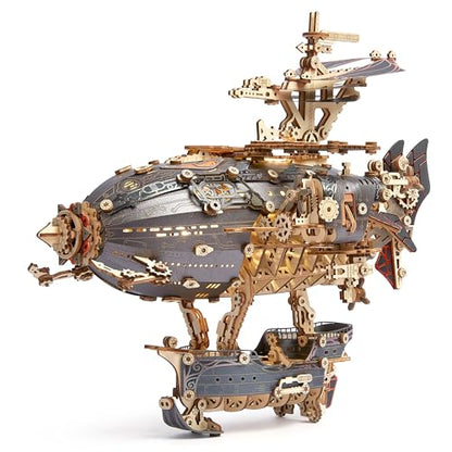 FUNPOLA LED 3D Wood Puzzle Fantasy Airship Model - Steampunk DIY Craft Kit with LED Lights – Intricate Wooden Airship Model Building Set for Adults(Gray) - color: Gray
