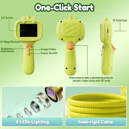 Kids Borescope Camera with Light-STEM Science Educational Toy for 3 4 5 6 7 8 Years Old Boys & Girls Birthday Gift-Discovery & Exploration Flexible Snake Scope Battery - color: Frog