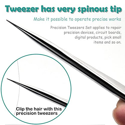 H&W Precision Tweezers 6PCS Set, Anti-Static Steel Curved of Tweezers - color: Silvery