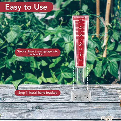 Circrane 5-Inch Capacity Outdoor Rain Gauge with Additional Hang Bracket& Stainless Steel Screws, Magnifying Scale and Numbers Design for Easy Read (Red) - color: Red