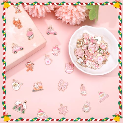 SANNIX 110Pcs/55 Pairs Pink Christmas Charm for Jewelry Making Bulk, Cute - style: Pink Christmas Charms