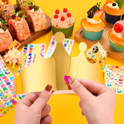 Gold Paper Crowns, Diy Birthday King Crowns Craft to Decorate, Paper Prince Princess Crown Hats for School Classroom - style: 18 (10 Crowns+8 Sticker Gems)