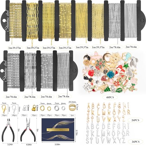 HUISUYTON 18K Gold 59FT 12Roll Necklace Chain Kit for Jewelry Making - color: 18k Gold Plated and Stainless Steel Silver-59Ft+Pendants
