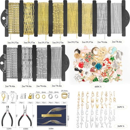 HUISUYTON 18K Gold 59FT 12Roll Necklace Chain Kit for Jewelry Making - color: 18k Gold Plated and Stainless Steel Silver-59Ft+Pendants