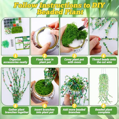 FOGWOWO 2628 Pcs Beaded Plant Kit,Glass Green Beads for Beaded Plants - color: Green C (No Pot & Foam)