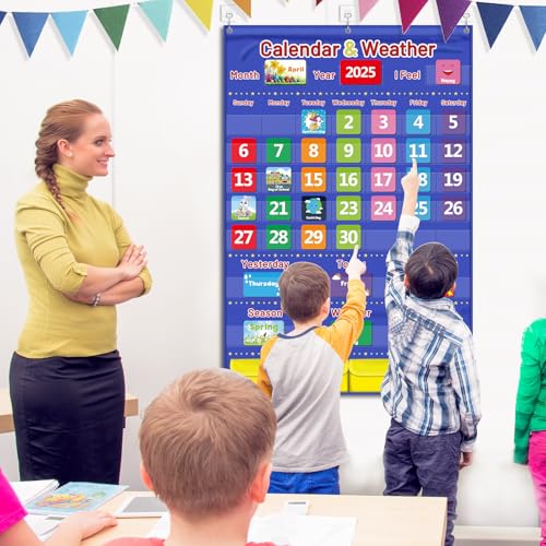 Blue Classroom Calendar Pocket Chart for Kids - Monthly Weather Seasons Learning Chart with 113 Cards | Teacher Must Haves for Kindergarten, Preschool, Homeschool | Interactive Educational Wall Chart - color: Blue