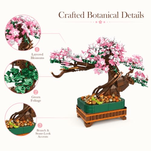 NEWABWN 3-in-1 Cherry Blossom Bonsai Tree Building Set, 711 Pieces - style: 3in1-Tree