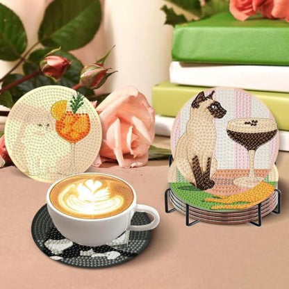 8 PCS Cocktail Cat Diamond Art Coasters with Holder - color: Cocktail
