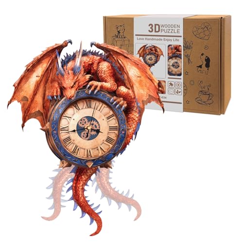 3D Puzzles for Adults Wooden Fire Dragon Puzzle Clock Adult Crafts - color: Fire Dragon Clock