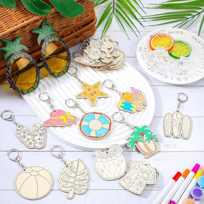 Trnayi 36 Pcs Summer Unfinished Wood Keychains Color Your Own DIY Craft - style: Hawaiian