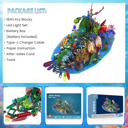 Mechanical Mantis Shrimp Building Block Sets, 1843 Pcs Sea Creatures Building Toys with Miniature Undersea Landscape & Led Light, 18.11x9.45x9.84in DIY Model Kit for Adults Teens 14+