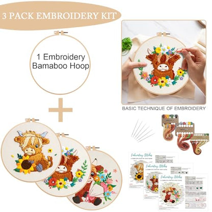 Nuberlic 3 Pack Embroidery Kit for Beginners, Highland Cow Embroidery Kits - color: Highland Cow