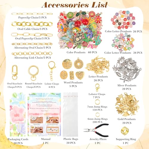 Ecoofor 613 PCS Charms Lip Gloss Keychain Making Kit, Bag Charm Kit with 178 Charms, 25 Keychain Clips & Extender Chains, Jewelry Pliers, Gift Bags & DIY Keychain Craft Supplies - color: Gold - 613 Pcs Kit