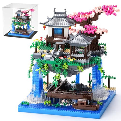 Cherry Blossom Treehouse Micro Mini Building Block Sets with Acrylic Display Box Japanese Bonsai Tree Peach Blossom Pool Architecture Building Model Toy Gift for Adults 2500 Pieces - color: Brown02