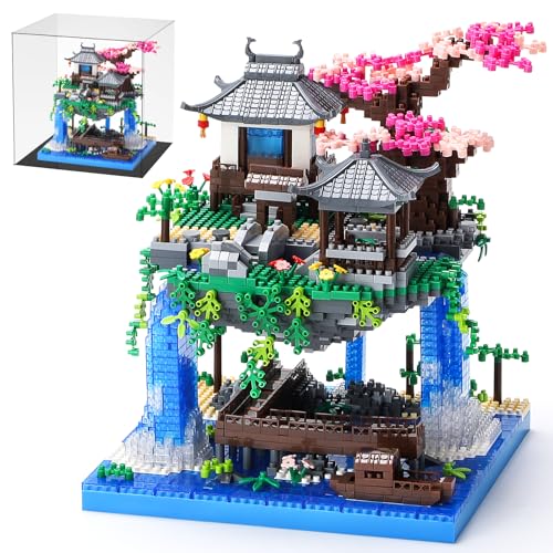 Cherry Blossom Treehouse Micro Mini Building Block Sets with Acrylic Display Box Japanese Bonsai Tree Peach Blossom Pool Architecture Building Model Toy Gift for Adults 2500 Pieces - color: Brown02