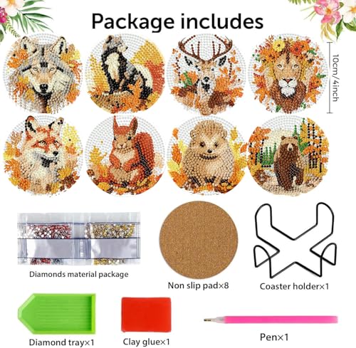 Diamond Art Coasters Kits, 8 Pcs Fall Animals Diamond Painting Coasters Kit - color: Fall animals