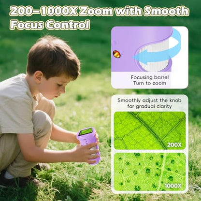 Alotwan Kids Digital Microscope 1000X Zoom, Mini Pocket Handheld Microscope with Camera/Video/Telescope Function, Portable Outdoor Travel Toys Magnifying Glass for Boys Girls 3-8 Years STEM Gifts - color: Purple
