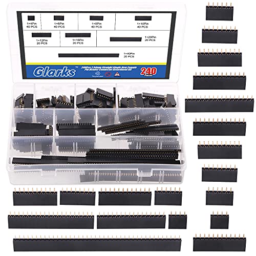 Glarks 240Pcs 2.54mm Straight Single Row PCB Board Female Pin Header Socket Connector Strip Assortment Kit for Arduino Prototype Shield