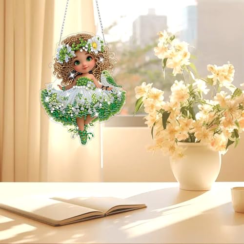 AIRDEA Hanging Diamond Painting Kits Girl,Special Shaped Diamond Art Kits Cartoon Gem Art Pendant Decor,19.9X15.4cm - color: green white brown