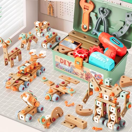 VEAIS Kids Tool Set with Drill,148Pcs Tool Set with Toolbox,STEM Montessori Toys for 3 4 5 Year Old,Pretend Play Kid Toy,Educational Construction Toy for 3-5 Year Old Boy Girl,Birthday Gift for Kids - color: Green
