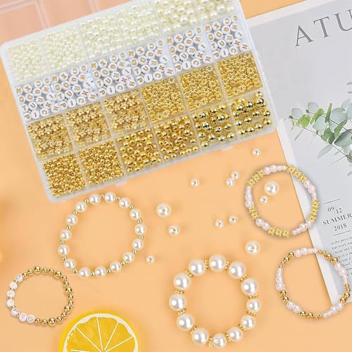 Hpebl Ivory Pearl Bracelet Beads Kit Gold Beads for Bracelets for Adult - color: 03-Gold & Off-White