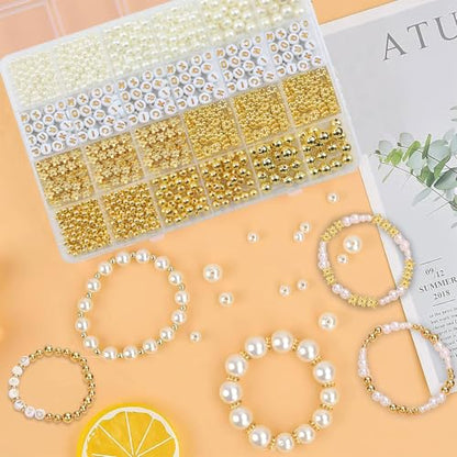 Hpebl Ivory Pearl Bracelet Beads Kit Gold Beads for Bracelets for Adult - color: 03-Gold & Off-White