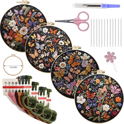 SCECALA 4 Pack Butterfly Flower Embroidery Kit for Beginners - color: Orange Black