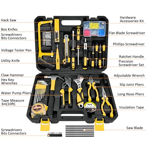 Tool Set,148-Piece Home Repair Tool Kit for Men Women College Students,Household Basic Hand Tool Sets with Case for Home Maintenance,Dorm Essentials,Auto Repair & DIY Projects - size: 148 pcs Yellow