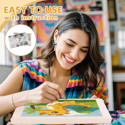 DOODLREAM Cartoon Dinosaur DIY Punch Needle Embroidery Kit for Adult Beginner, 9.4" Dinosaur Animal Punch Stitching Craft Set for Starter with Frame, Fabric Pattern, Threader, Yarn, Pinch Needle - color: Dinosaur