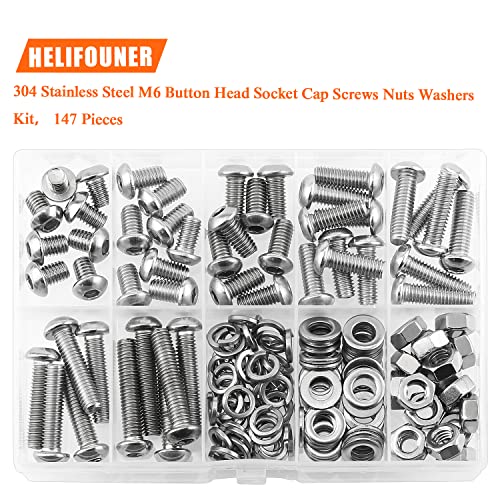 HELIFOUNER 147 Pieces M6 x 8mm /10mm /12mm /16mm /20mm /25mm /30mm, Button Head Socket Cap Screws Bolts Washers Nuts Kit, 304 Stainless Steel - size: M6, style: Button Head Socket Cap