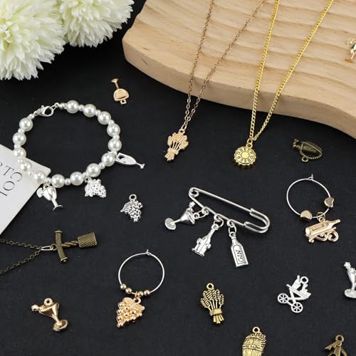 100Pcs Wine Charms for Jewelry Making，Alloy Metal Wine Themed Charms Mixed Grape Cocktail Shape Pendant for Bracelets DIY Craft Gifts