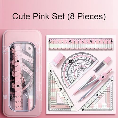 8 Pcs Pink Geometry Set Cute Compass Set with Maths Protractor Rulers, Math Set for Drawing Measuring Tools, Kawaii Ruler Kit for Class Women Girls School Supplies (Pink) - color: Pink
