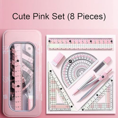 8 Pcs Pink Geometry Set Cute Compass Set with Maths Protractor Rulers, Math Set for Drawing Measuring Tools, Kawaii Ruler Kit for Class Women Girls School Supplies (Pink) - color: Pink