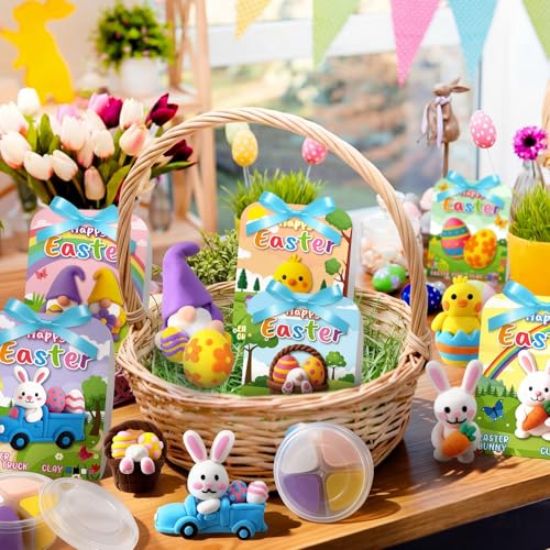 Capoda 18 Sets Easter Craft Kits Gifts for Kids Easter Air Dry Clay Kit Bunny Eggs DIY Modeling Clay with Tutorials Art Crafts for Kids Party Favors Basket Stuffers Classroom Prizes Fun Activities - style: Easter
