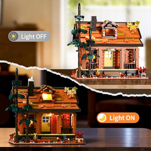 SATHIBI Wood Cabin Building Blocks Set for Adults,Forest Wooden House Building Toys with Light,Log Cabin Construction Kits,Home Decor Gifts for Adults and Teen 14+(1969Pcs)