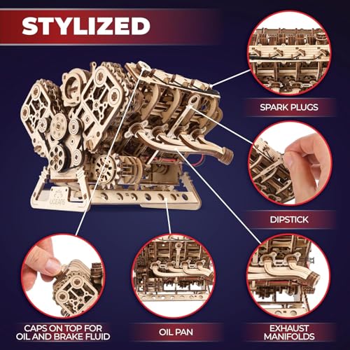 UGEARS V8 Engine Model Kit - 3D Wooden Puzzles for Adults, 3D Puzzle Model Engine Kit, DIY Kits Gifts for Engineers for Fathers Day, Wooden Model Kits for Adults to Build, Brain Teaser Hobby Set