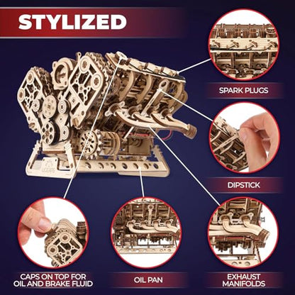 UGEARS V8 Engine Model Kit - 3D Wooden Puzzles for Adults, 3D Puzzle Model Engine Kit, DIY Kits Gifts for Engineers for Fathers Day, Wooden Model Kits for Adults to Build, Brain Teaser Hobby Set