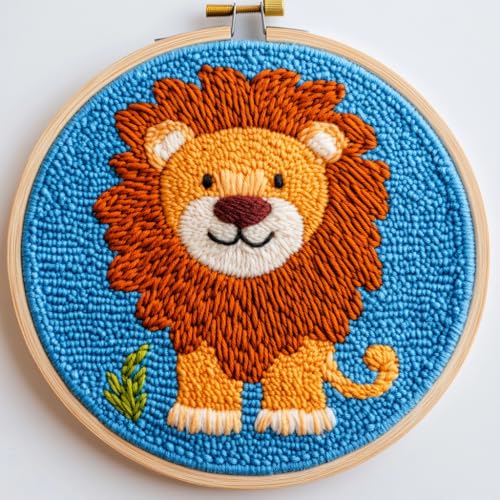DIY Punch Needle Kits Lion with Hoop 20x20cm-2 - color: 15-Lion