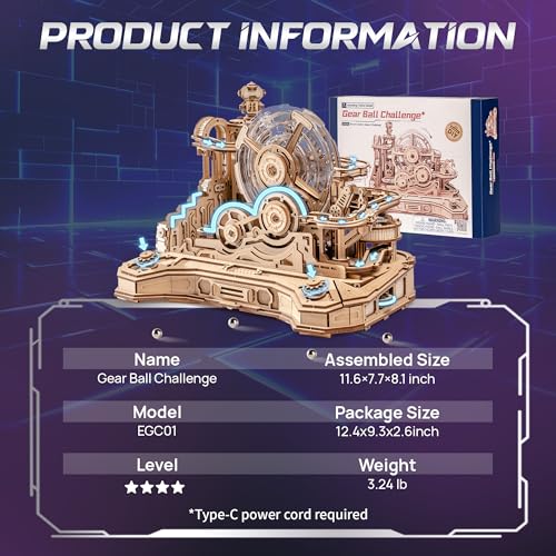 ROKR 3D Wooden Puzzles for Adults Miniature Marble Run Building Toys,DIY Pinball Machine Model Kits-Gear Ball Challenge EGC01