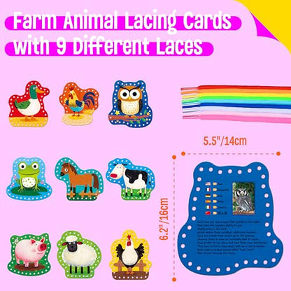 SpriteGru 9 PCS Kids Lacing Cards, 9 Double Sided Farm Animals Sewing Cards with 9 Colorful Laces, Educational & Learning Toys for Preschoolers, Kids Ages 3+ - color: Farm Animals