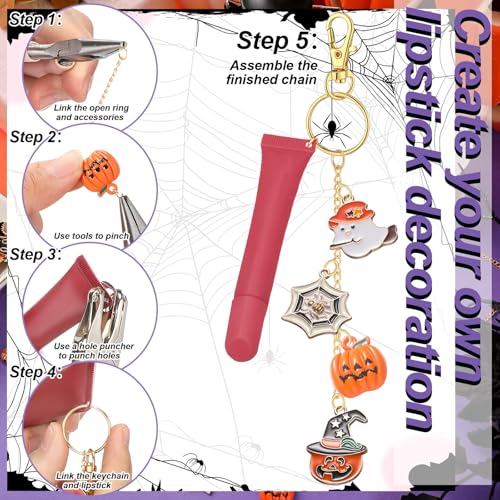 VioraWhite 213 Pcs Halloween Theme Lip Gloss Keychain Making Kit 100 Pink Enamel Charms 32.81 ft Gold Chains for DIY Crafts Women - style: Halloween Theme