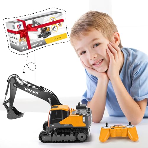 Double E Volvo Licensed Remote Control Excavator Toy, 2.4GHz All‑Terrain Sand-Ready Construction Vehicle with 360° Spin & 330° Cab Rotation, Rechargeable, Dig & Unload, STEM Birthday Gift for Kids 3+