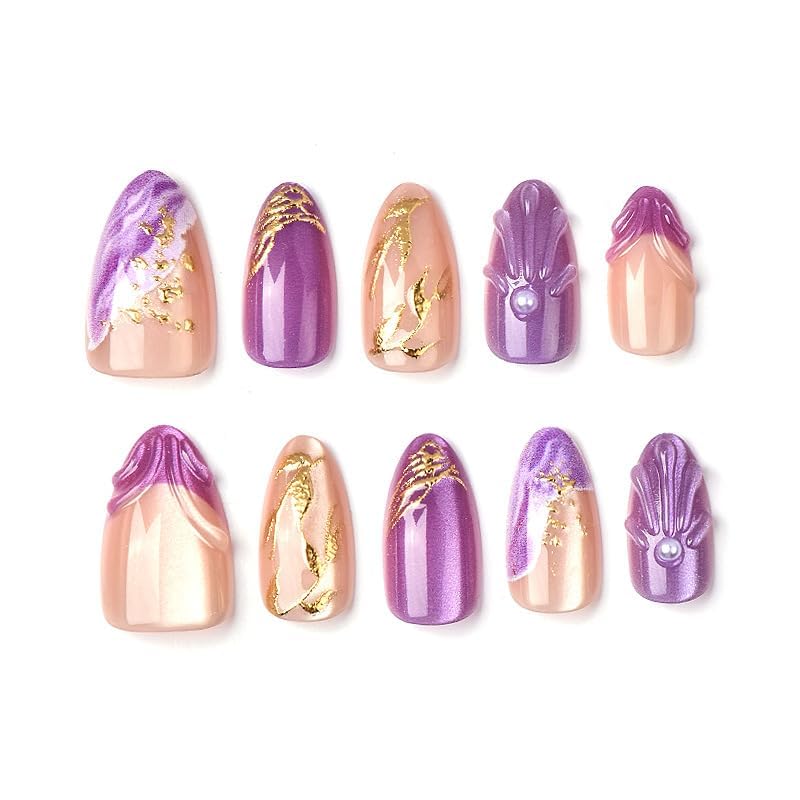 Almond Press on Nails Short Purple Fake Nail3D Charm Acrylic Nail Press ons with Gold Embossed Design Stick on Nails for Women 24pcs - color: Color11