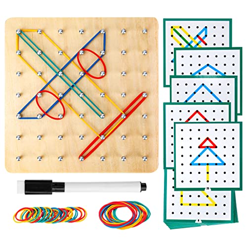 HEELWIRE Wooden Geoboard,Montessori Toy,Graphical Mathematical Education Toy for Kids with Pattern Cards and Rubber Bands to Figures and Shapes, Brain Teaser STEM Toy Geo Board (6 * 6 * 0.6 in) - size: 6*6*0.6 in