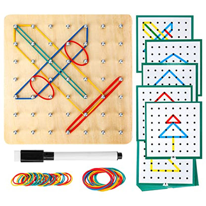 HEELWIRE Wooden Geoboard,Montessori Toy,Graphical Mathematical Education Toy for Kids with Pattern Cards and Rubber Bands to Figures and Shapes, Brain Teaser STEM Toy Geo Board (6 * 6 * 0.6 in) - size: 6*6*0.6 in