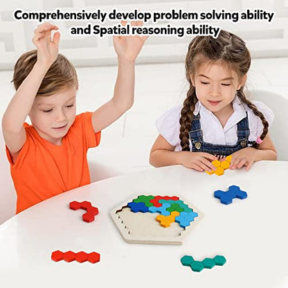 Wooden Hexagon Blocks Puzzle, STEM Montessori Brain Teaser for Kids Adults - style: Puzzle 1- Colorful Rainbow